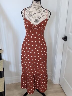 MONTEAU | Women's Rust Brown w/ White Polka Dots Tie-Front Maxi Dress